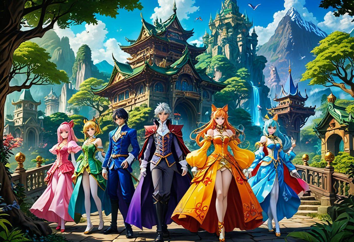 A vibrant scene showcasing a diverse cast of anime characters in a fantasy setting, surrounded by visually striking elements of the adult entertainment genre while maintaining a tasteful and artistic flair. Incorporate subtle references to classic anime styles and rich colors that evoke a sense of playful adventure. Include elements like stylized backgrounds and intricate details to enhance the overall atmosphere. super-realistic. vibrant colors. fantasy art.