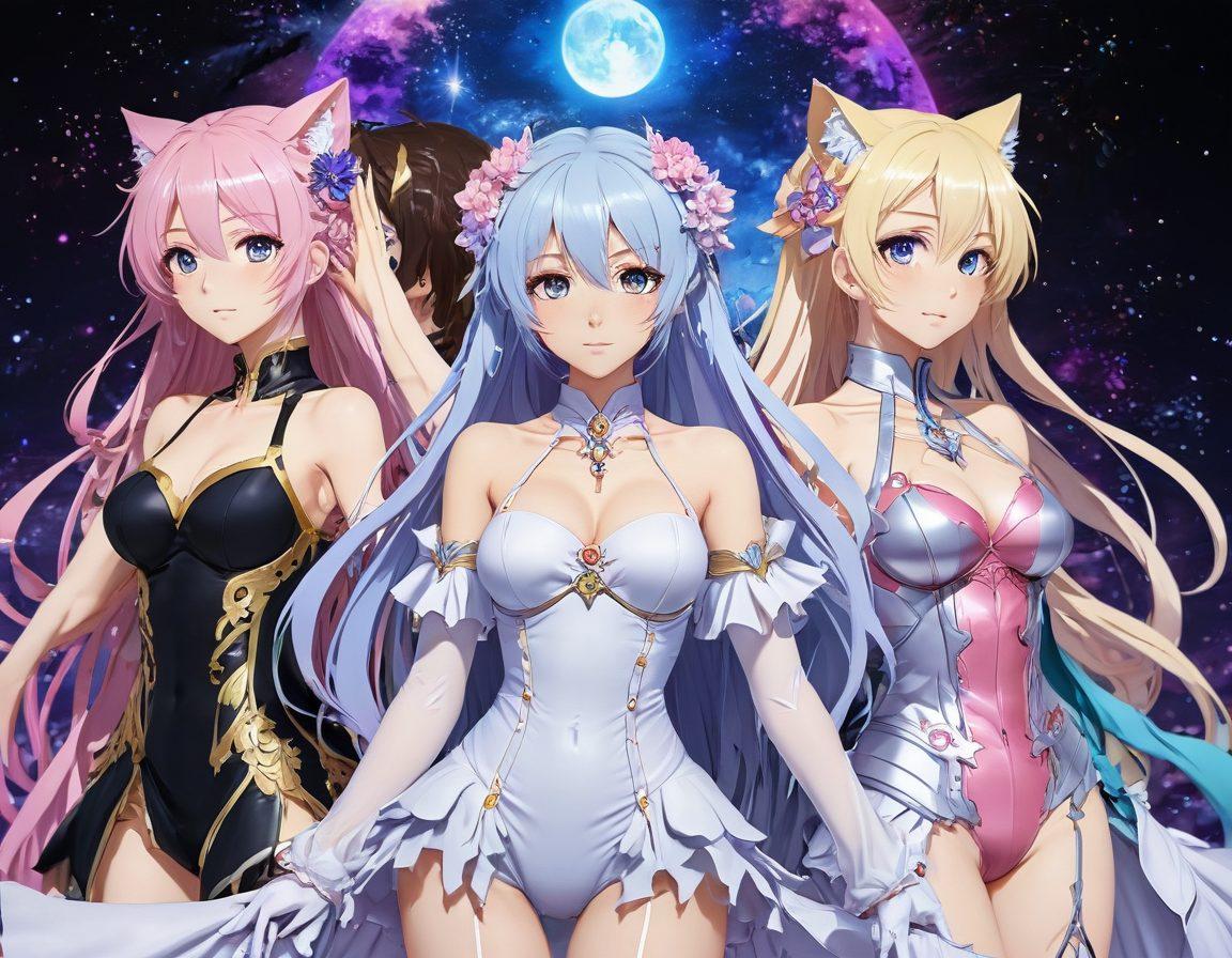 A vivid, artistic depiction of diverse anime characters in sultry poses, showcasing a variety of emotions and styles. Include elements of fantasy such as ethereal backgrounds and dreamlike colors, intertwining themes of romance and allure. Highlight intricate details in their outfits and facial expressions to capture the essence of erotic art within anime. super-realistic. vibrant colors. ethereal background.